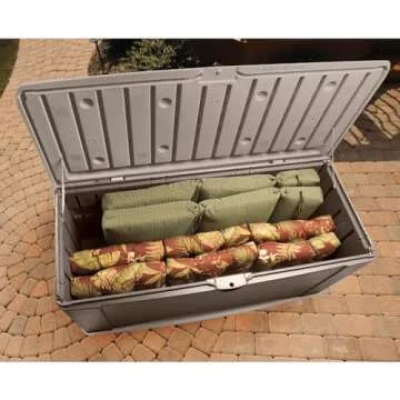Rubbermaid Extra Large Resin Outdoor Storage Deck Box with Seat (120 Gal), Weather Resistant, Brown, Deck Organization for Home/Backyard/Pool Chemicals/Toys/Garden Tools/Porch/Patio Cushions
