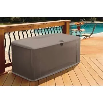 Rubbermaid Extra Large Resin Outdoor Storage Deck Box with Seat (120 Gal), Weather Resistant, Brown, Deck Organization for Home/Backyard/Pool Chemicals/Toys/Garden Tools/Porch/Patio Cushions