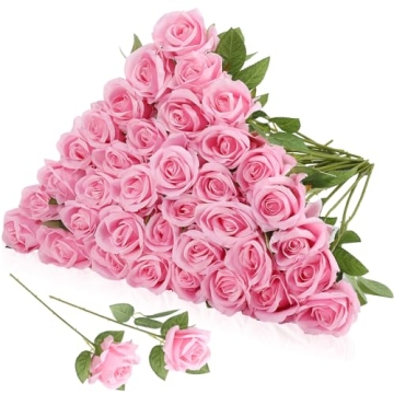 Hoemwarm 36 Pcs Silk Pink Roses Bouquet Bridal Artificial Flowers Mothers Day,Fake Rose Long Stem Re...