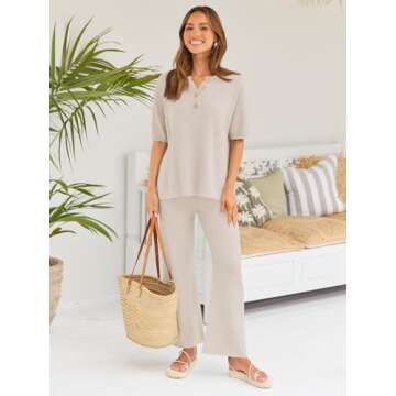 LILLUSORY Lounge Sets for Women 2 Piece Summer Outfits 2025 Two Piece Matching Knit Loungewear Pajama Causal Top Pants Sweat Suit Cute Teen Clothes Apricot S