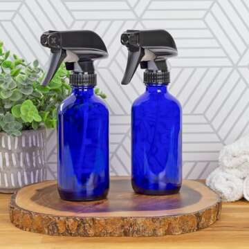 Cornucopia 8-Ounce Cobalt Blue Glass Boston Round Spray Bottles (2 Pack) 3-Setting Heavy Duty Spraye...