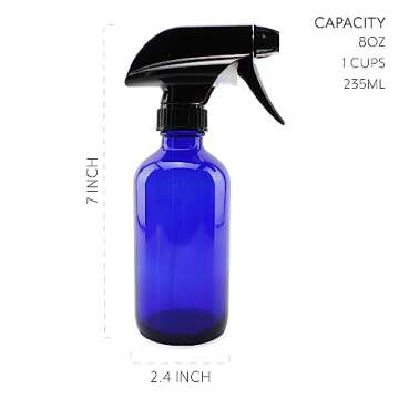 Cornucopia 8-Ounce Cobalt Blue Glass Boston Round Spray Bottles (2 Pack) 3-Setting Heavy Duty Sprayers, Empty Refillable Bottle for Essential Oil Blends, DIY Cleaning & More