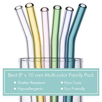 Reusable Bent Glass Drinking Straws, Set of 12 Bent Straws With 2 Cleaning Brushes, Shatter Resistan...