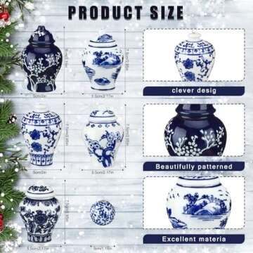 12 Pcs White and Blue Ginger Jar Christmas Ornaments Mini Porcelain Hanging Ornaments Ball Chinoiserie Christmas Ornaments Ball Chinoiserie Porcelain Christmas Vintage Decor for Christmas Tree