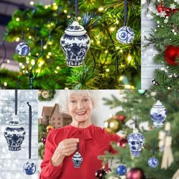 12 Pcs White and Blue Ginger Jar Christmas Ornaments Mini Porcelain Hanging Ornaments Ball Chinoiserie Christmas Ornaments Ball Chinoiserie Porcelain Christmas Vintage Decor for Christmas Tree