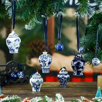 12 Pcs White and Blue Ginger Jar Christmas Ornaments Mini Porcelain Hanging Ornaments Ball Chinoiserie Christmas Ornaments Ball Chinoiserie Porcelain Christmas Vintage Decor for Christmas Tree