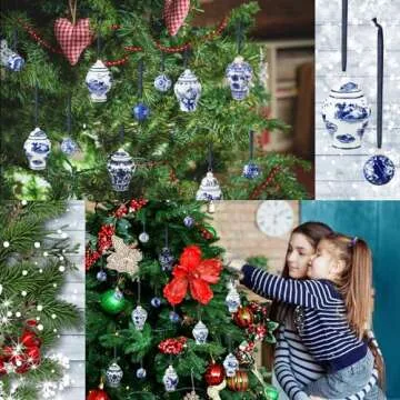 12 Pcs White and Blue Ginger Jar Christmas Ornaments Mini Porcelain Hanging Ornaments Ball Chinoiserie Christmas Ornaments Ball Chinoiserie Porcelain Christmas Vintage Decor for Christmas Tree