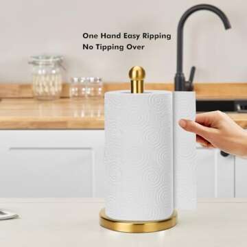 Paper Towel Holder Stand with Sturdy Base Fits Standard and Jumbo Sized Paper Towel, Paper Towel Holder Countertop (Gold)