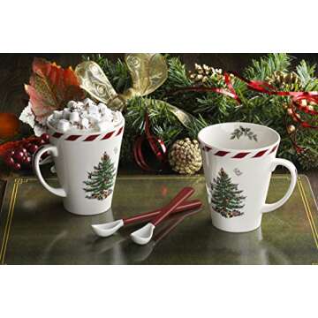 Spode Christmas Tree Peppermint 14oz Mug & Spoon Set (4-Piece) - Festive Earthenware with Candy Cane...