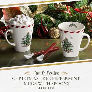 Spode Christmas Tree Peppermint 14oz Mug & Spoon Set (4-Piece) - Festive Earthenware with Candy Cane Motif, Ceramic Mug for Hot Chocolate, Coffee, Holiday Mornings - Christmas Drinkware