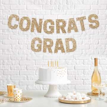 Pre-strung Congrats Grad Banner - No DIY - Gold Glitter Graduation Party Banner - Pre-strung Garland...