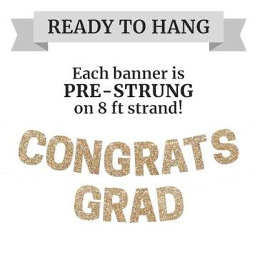 Pre-strung Congrats Grad Banner - No DIY - Gold Glitter Graduation Party Banner - Pre-strung Garland on 8 ft Strand - Gold Grad Congrats Class of 2025 Party Decorations & Decor. Did We Mention No DIY