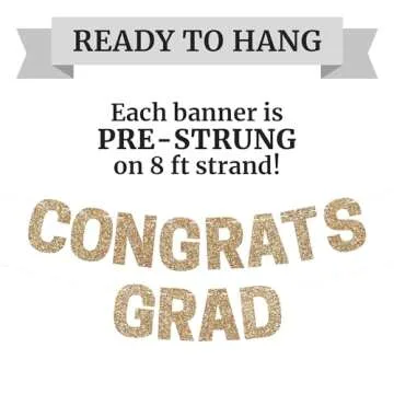 Pre-strung Congrats Grad Banner - No DIY - Gold Glitter Graduation Party Banner - Pre-strung Garland on 8 ft Strand - Gold Grad Congrats Class of 2025 Party Decorations & Decor. Did We Mention No DIY