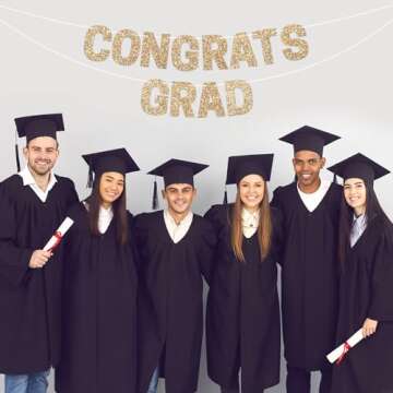 Pre-strung Congrats Grad Banner - No DIY - Gold Glitter Graduation Party Banner - Pre-strung Garland on 8 ft Strand - Gold Grad Congrats Class of 2025 Party Decorations & Decor. Did We Mention No DIY