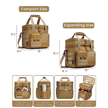 RalChyez Tactical Lunch Bag, 20L Large Heavy Duty Double Deck Insulated Lunch Box Leakproof Expandable Tote Cooler with Shoulder Strap for Adult Men Women Work Fishing Picnic Travel Tan