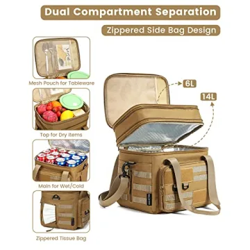 RalChyez Tactical Lunch Bag, 20L Large Heavy Duty Double Deck Insulated Lunch Box Leakproof Expandable Tote Cooler with Shoulder Strap for Adult Men Women Work Fishing Picnic Travel Tan