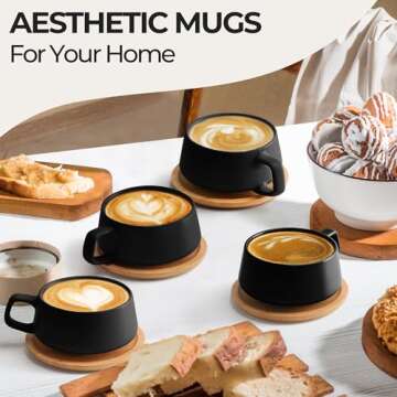 MIAMIO – 11 Oz., Set of 4 Ceramic Tea Cup and Saucer Bamboo/Tea Mug - Wide Cappuccino Cup, Coffee ...