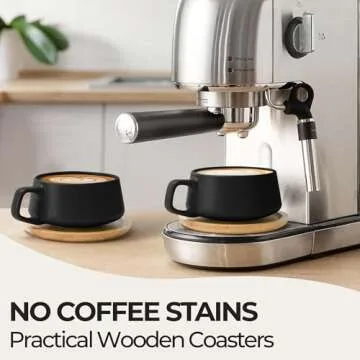 MIAMIO – 11 Oz., Set of 4 Ceramic Tea Cup and Saucer Bamboo/Tea Mug - Wide Cappuccino Cup, Coffee Cups Ceramic Mug for Cappuccino, Latte, Espresso & Americano - Luxe Collection (Black)