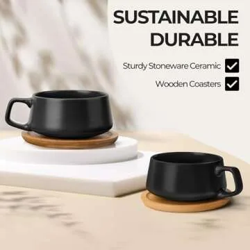 MIAMIO – 11 Oz., Set of 4 Ceramic Tea Cup and Saucer Bamboo/Tea Mug - Wide Cappuccino Cup, Coffee Cups Ceramic Mug for Cappuccino, Latte, Espresso & Americano - Luxe Collection (Black)