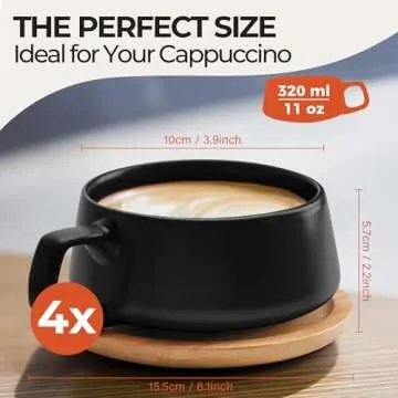 MIAMIO – 11 Oz., Set of 4 Ceramic Tea Cup and Saucer Bamboo/Tea Mug - Wide Cappuccino Cup, Coffee Cups Ceramic Mug for Cappuccino, Latte, Espresso & Americano - Luxe Collection (Black)