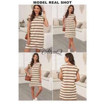 AlvaQ Striped Dresses for Women 2025 Summer Casual Loose Sleeveless Colorblock Short Mini Dress with Pocket Khaki Small