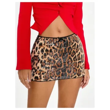 SHENHE Cheetah Print Sequin Mini Skirt for Women