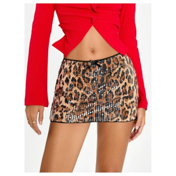 SHENHE Cheetah Print Sequin Mini Skirt for Women