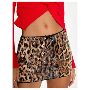 SHENHE Cheetah Print Sequin Mini Skirt for Women
