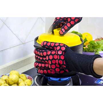 J H Heat Resistant Oven Glove:EN407 Certified 932 °F, 2 Layers Silicone Coating, Oven Mitts for Cooking, Kitchen, Fireplace,Camping, Grilling, 1 Pair
