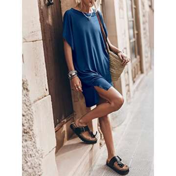ANRABESS Women’s Summer Short Sleeve T-Shirt Dress Casual Loose Oversized Slit Mini Tee Dress Beach Cover Up Tunic Tops 2025 Blue Medium