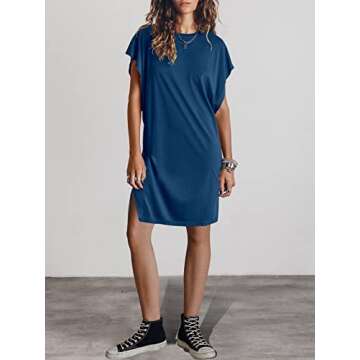 ANRABESS Women’s Summer Short Sleeve T-Shirt Dress Casual Loose Oversized Slit Mini Tee Dress Beach Cover Up Tunic Tops 2025 Blue Medium