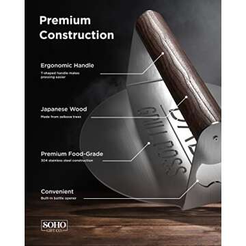 GALVANOX BBQ Press Grilling Gift for DAD The Grill Boss - Stainless Steel Smash Burger Press for Ham...