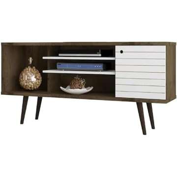 Manhattan Comfort Liberty Mid Century Modern TV Stand for Televisions up to 50 Inches, Bedroom and Living Room Entertainment Center with Storage, Shelves, and Cabinet, 53" Wide, Rustic Brown/White