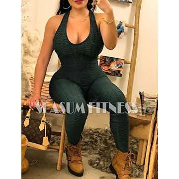 SEASUM Women Texture Bodysuit Sleevesless Sport One-Piece Backless Sexy Slimming Bodycon Rompers Jumpsuit S