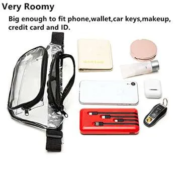 Clear Fanny Pack for Women, Bycobecy Clear Waist Bag with Adjustable Strap, Transparent Clear Stadium Bag for Concerts, Sports and Traveling (Black)