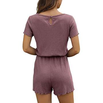 IWOLLENCE Red Rompers for Women Waffle Knit Notch Neck Summer Casual Beach Drawstring Shorts Jumpsui...