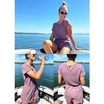 IWOLLENCE Red Rompers for Women Waffle Knit Notch Neck Summer Casual Beach Drawstring Shorts Jumpsuit Lettuce Trim Loungewear Rust Red Small