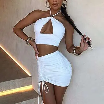 SHESEEWORLD Women's Sexy Hollow Out 2 Piece Outfits Halter Neck Sleeveless Crop Top and Drawstring Ruched Bodycon Skirt Sets