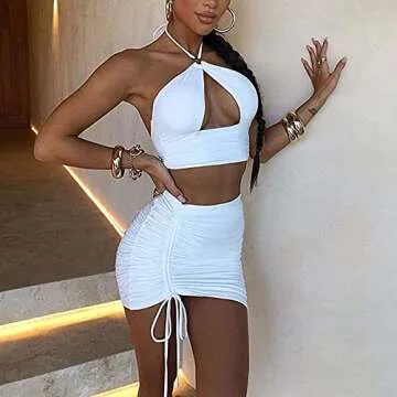 SHESEEWORLD Women's Sexy Hollow Out 2 Piece Outfits Halter Neck Sleeveless Crop Top and Drawstring Ruched Bodycon Skirt Sets