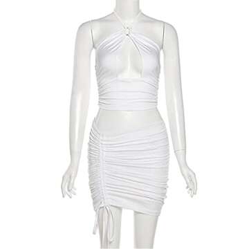 SHESEEWORLD Women's Sexy Hollow Out 2 Piece Outfits Halter Neck Sleeveless Crop Top and Drawstring Ruched Bodycon Skirt Sets