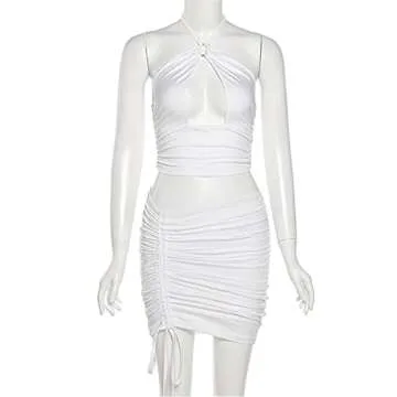 SHESEEWORLD Women's Sexy Hollow Out 2 Piece Outfits Halter Neck Sleeveless Crop Top and Drawstring Ruched Bodycon Skirt Sets