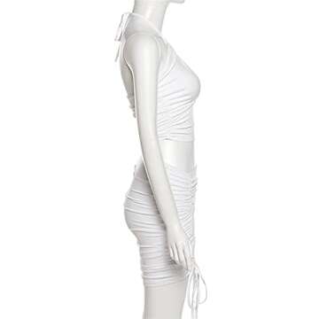 SHESEEWORLD Women's Sexy Hollow Out 2 Piece Outfits Halter Neck Sleeveless Crop Top and Drawstring Ruched Bodycon Skirt Sets