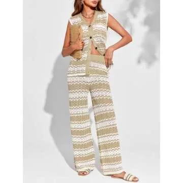 Imily Bela Womens Knit 2 Piece Sets Summer Outfits Sleeveless Vest Tops Wide Leg Pants Striped Loung...