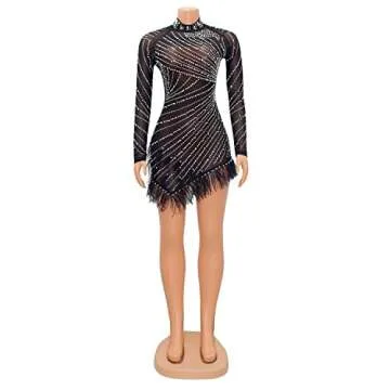 ENOPINK Sexy Rhinestone Mesh Bodycon Mini Dress for Women