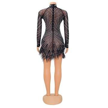 ENOPINK Sexy Dresses for Women Clubwear Mesh See Through Rhinestone Bodycon Long Sleeve Mini Dress Cocktail Black S