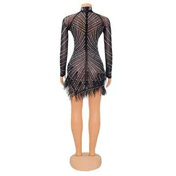 ENOPINK Sexy Rhinestone Mesh Bodycon Mini Dress for Women