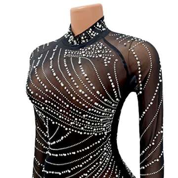 ENOPINK Sexy Dresses for Women Clubwear Mesh See Through Rhinestone Bodycon Long Sleeve Mini Dress Cocktail Black S