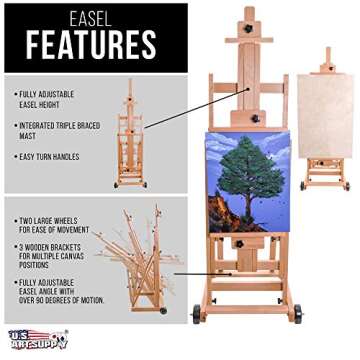 U.S. Art Supply Master Multi-Function Studio Artist Wooden Floor Easel - Large Adjustable H-Frame, Tilts Flat, Mast Adjusts to 97" High - Sturdy Beechwood Painting Canvas Holder Stand with Wheels