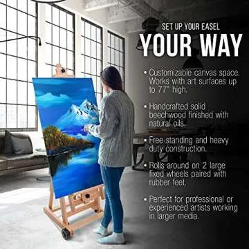U.S. Art Supply Master Multi-Function Studio Artist Wooden Floor Easel - Large Adjustable H-Frame, Tilts Flat, Mast Adjusts to 97" High - Sturdy Beechwood Painting Canvas Holder Stand with Wheels