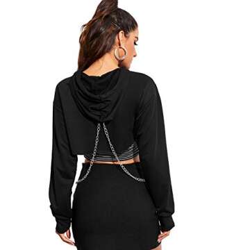 SweatyRocks Women's Solid Black Long Sleeve Pullover Crop Top Hoodie with Chain Black S